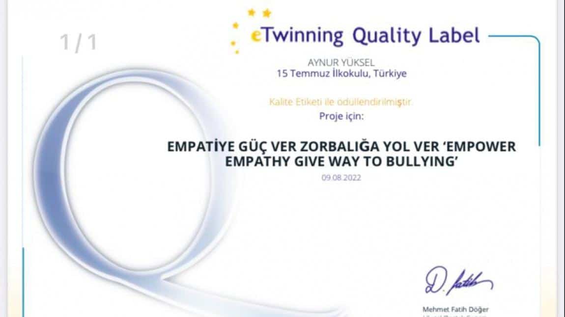 Öğretmenimiz Aynur Yüksel'in yürüttüğü eTwinning Projeleri  Uds Tarafından Kalite Etiketiyle Ödüllendirildi